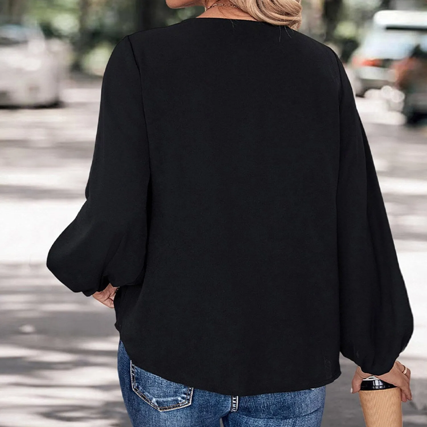 Black V-Neck Balloon Sleeve Blouse sold by Zulily product image thumbnail 2