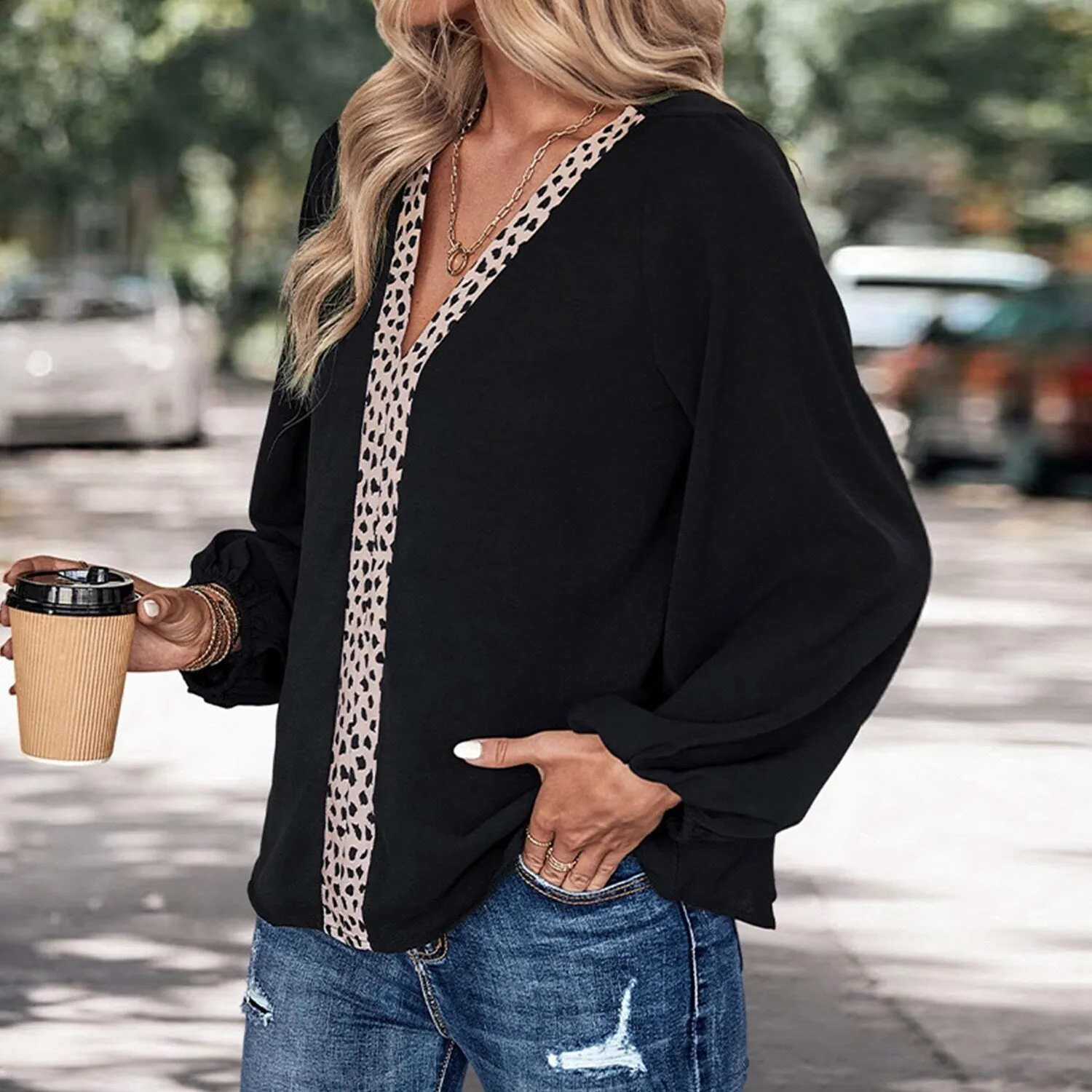 Black V-Neck Balloon Sleeve Blouse sold by Zulily product image thumbnail 3