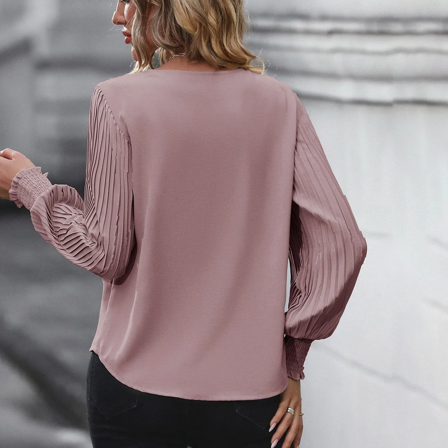 Pink V-Neck Lantern Sleeve Blouse sold by Zulily product image thumbnail 2