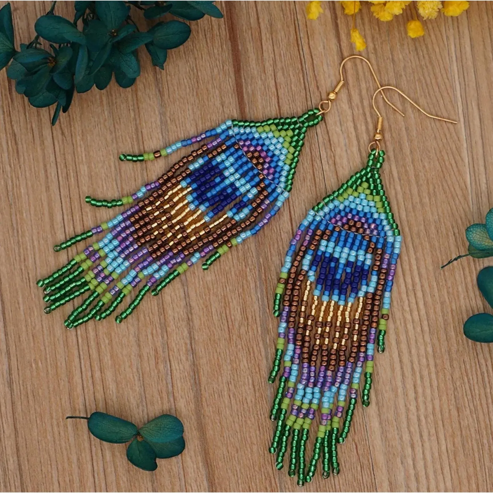 Blue & Green Peacock Miyuki Seed Bead Peacock Tassel Drop Earrings sold by Zulily product image thumbnail 2