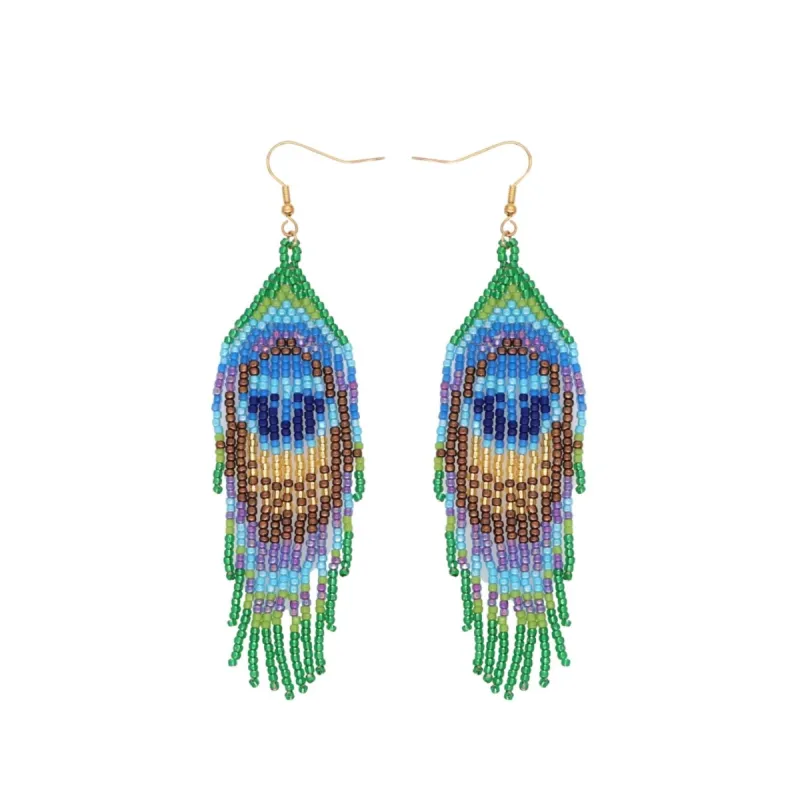 Blue & Green Peacock Miyuki Seed Bead Peacock Tassel Drop Earrings sold by Zulily
