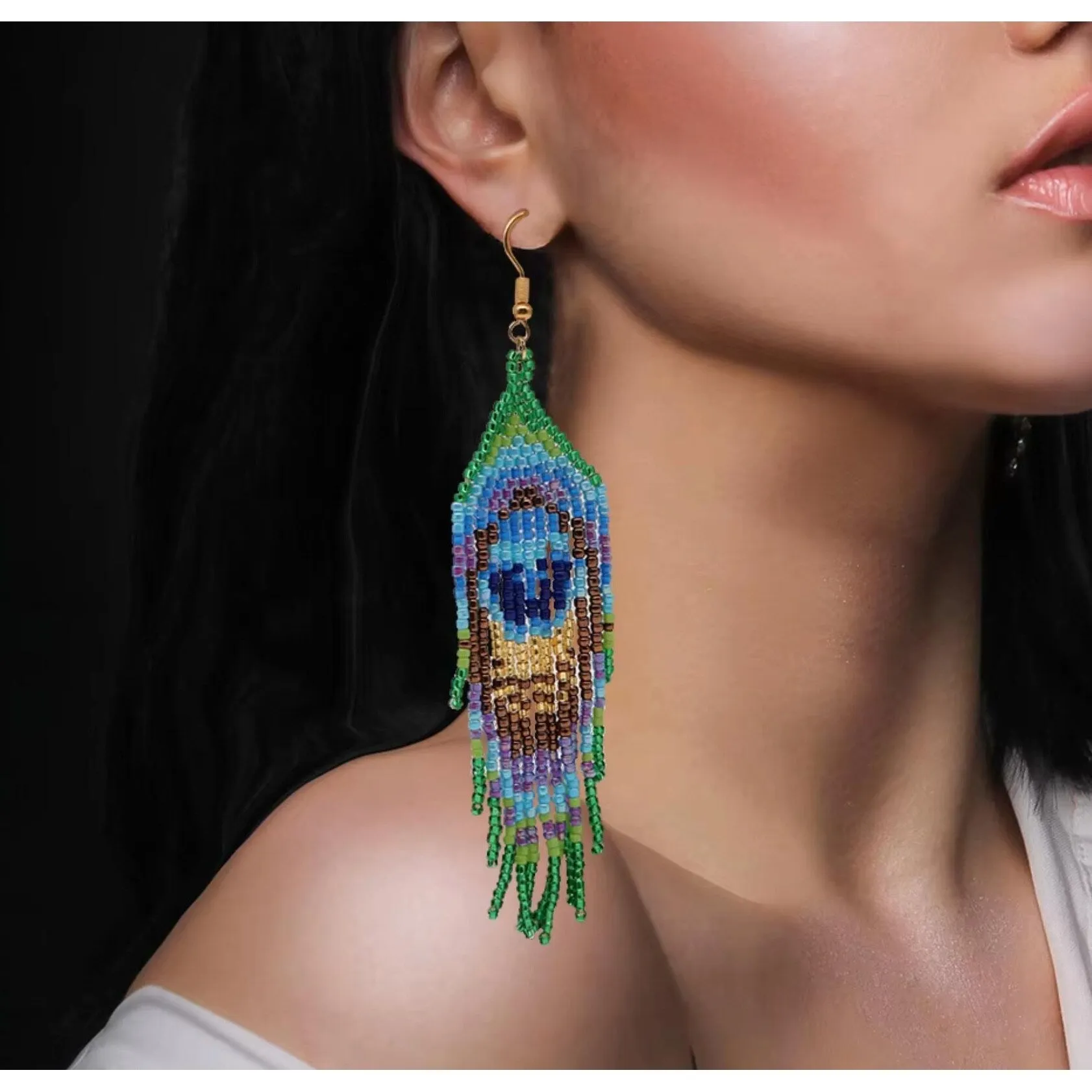 Blue & Green Peacock Miyuki Seed Bead Peacock Tassel Drop Earrings sold by Zulily product image thumbnail 3