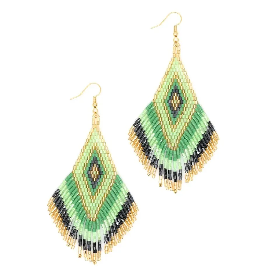Green Multicoloured and Goldtone Seed Bead Drop Earrings sold by Zulily