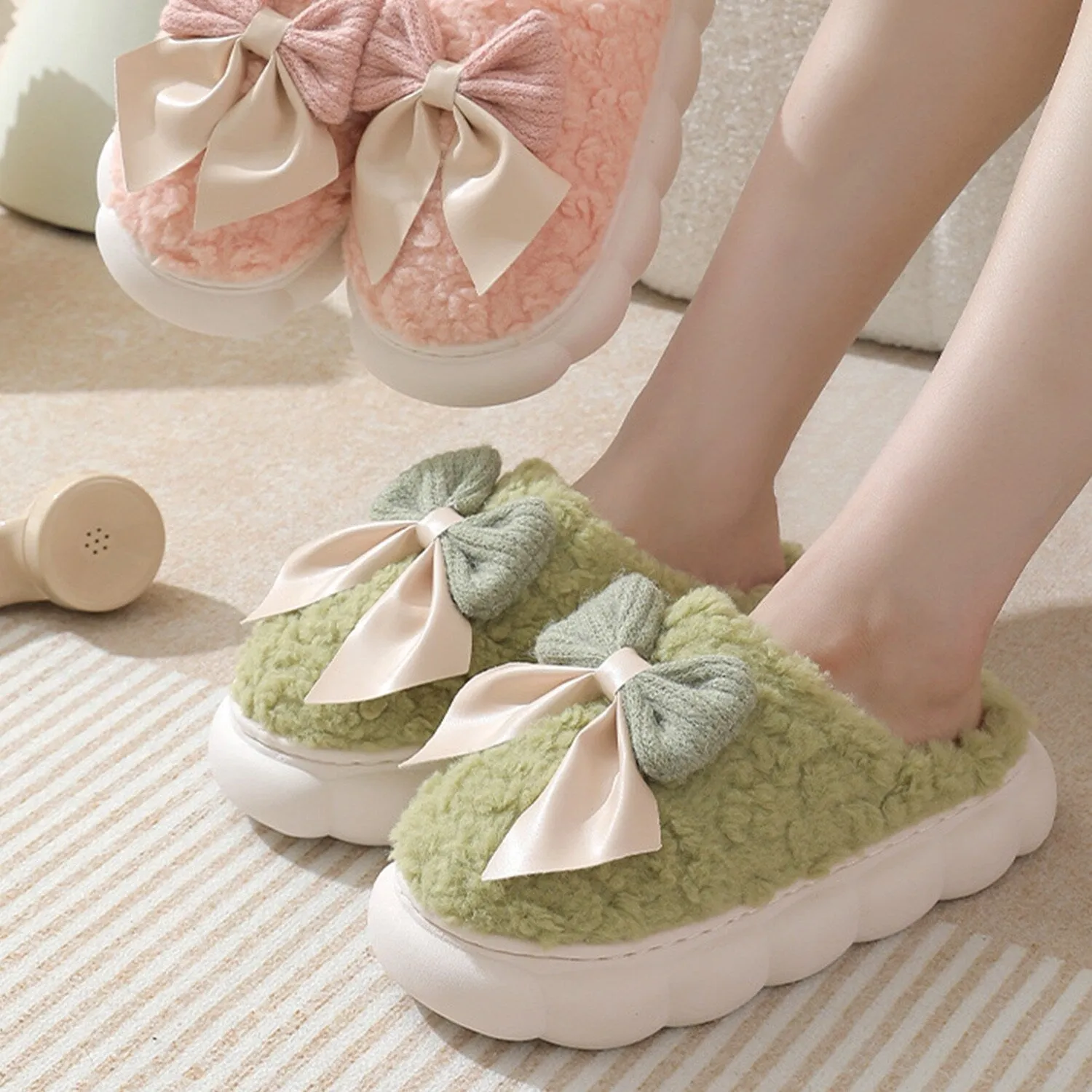 Green Bow Plush Slippers sold by Zulily product image thumbnail 2