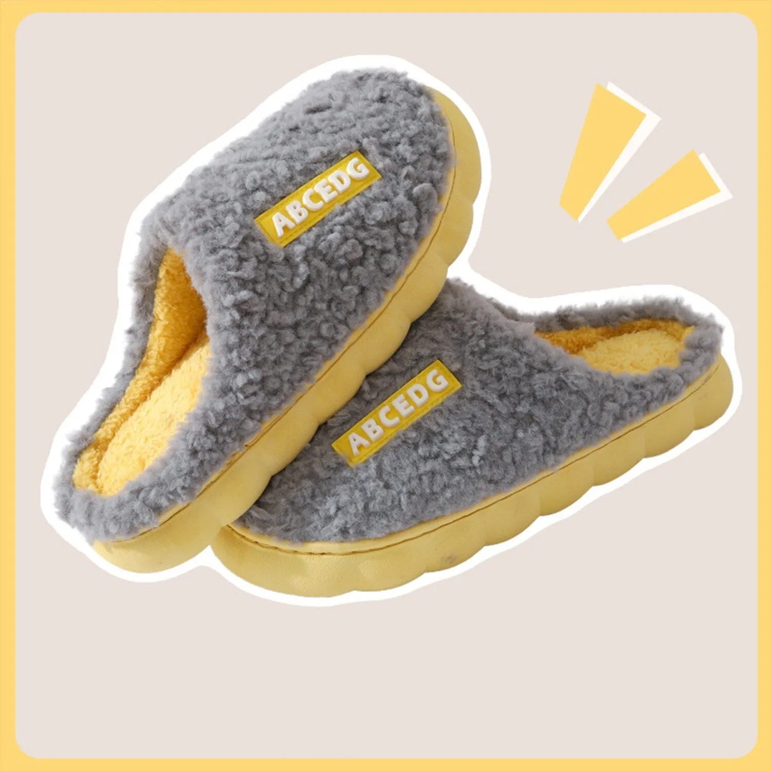 Grey & Yellow Plush Slippers sold by Zulily