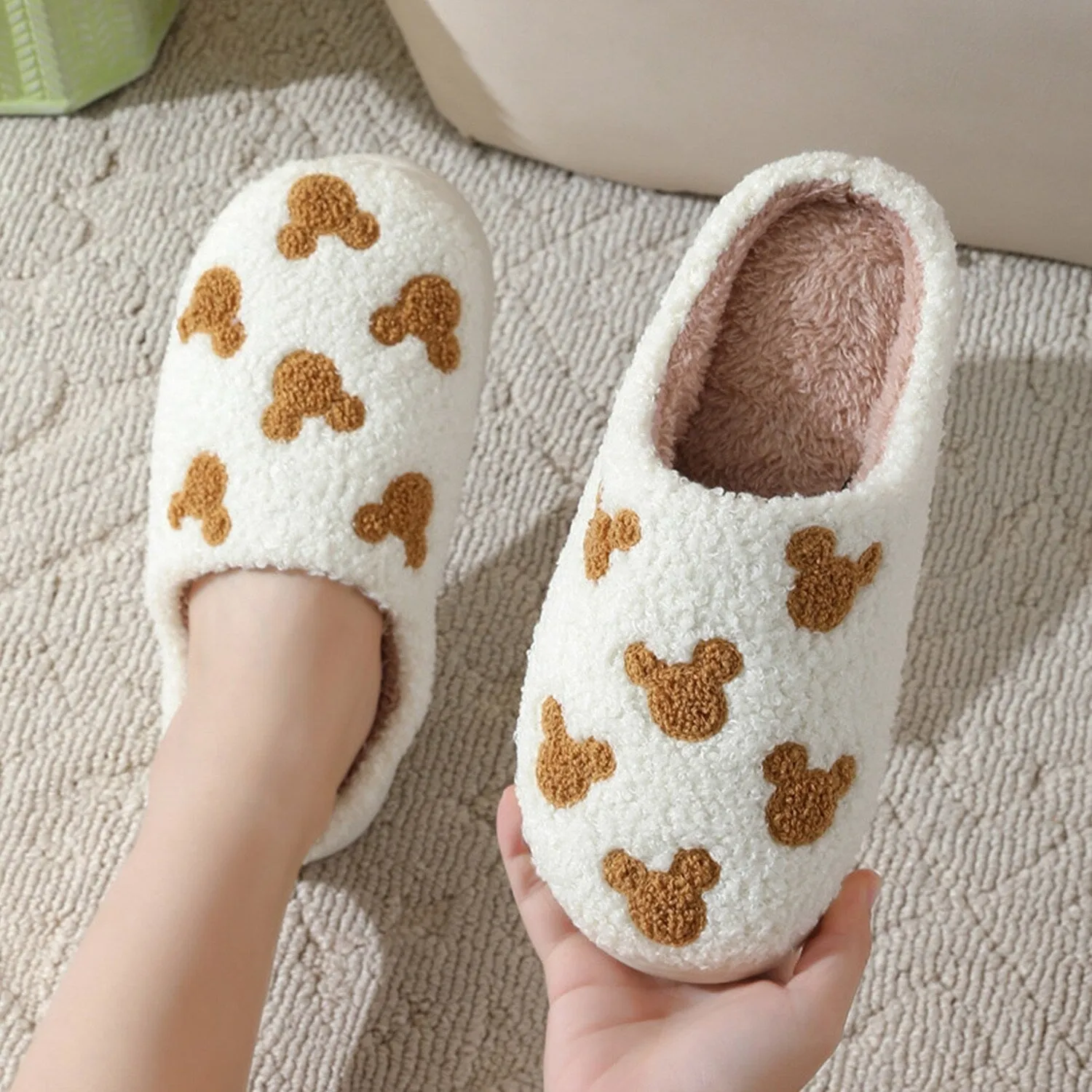 White & Brown Bear Head Plush Slippers sold by Zulily