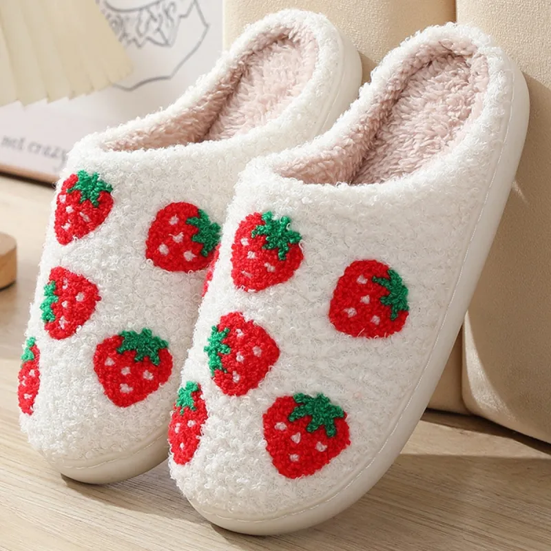White & Red Strawberry Plush Slippers sold by Zulily
