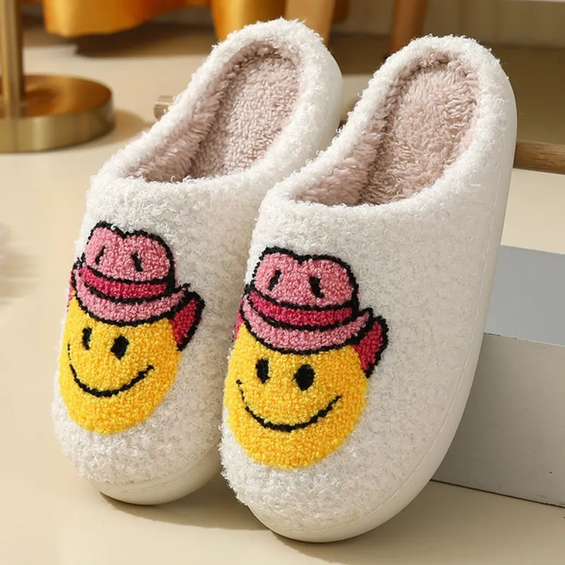 White & Yellow Happy Face Plush Slippers sold by Zulily