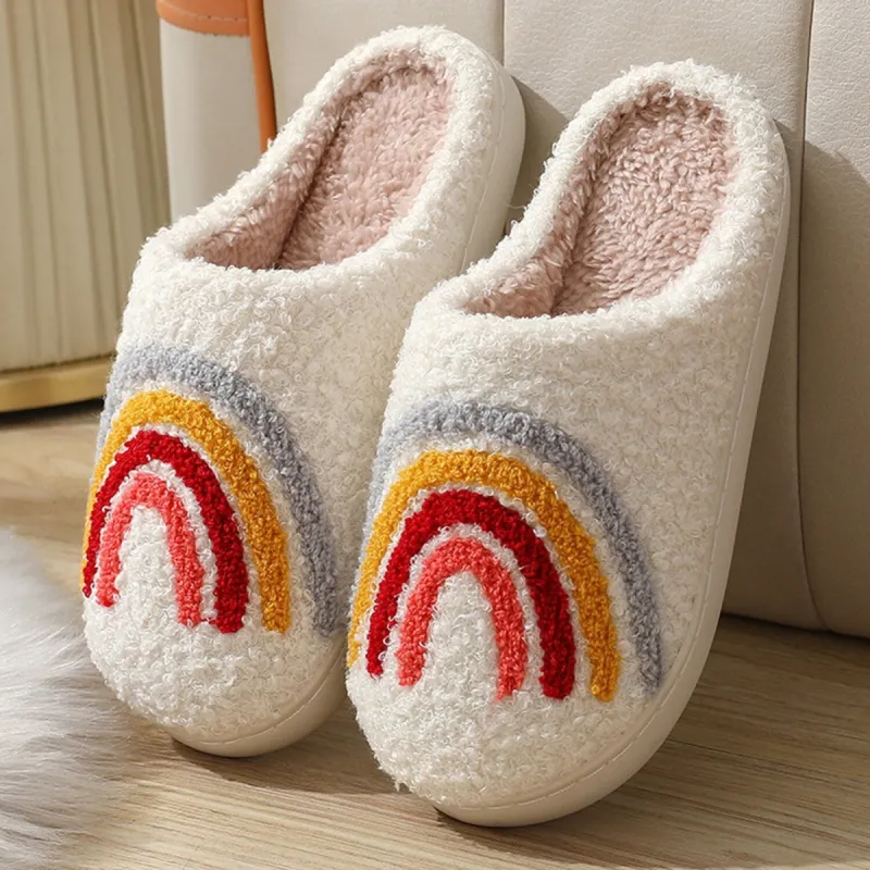 White & Multi Color Rainbow Plush Slippers made by Zulily