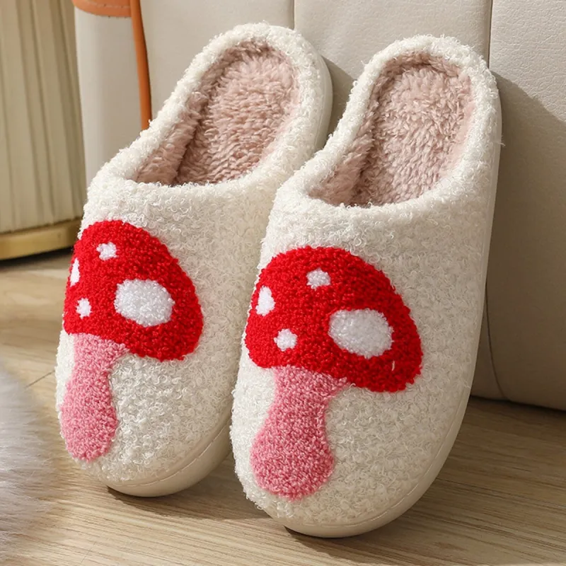 White & Red Mushroom Plush Slippers sold by Zulily