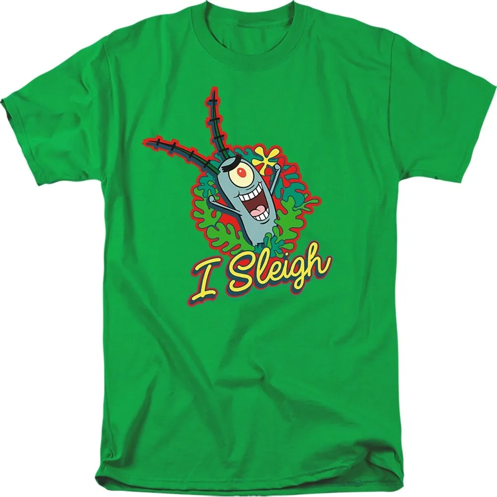 Spongebob Squarepants I Sleigh, Plankton Christmas Wreath Adult Unisex T-Shirt, Kelly Green sold by Zulily