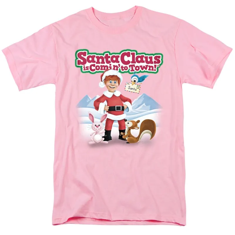 Santa Claus Is Comin To Town Animal Friends Adult Unisex T-Shirt, Pink sold by Zulily