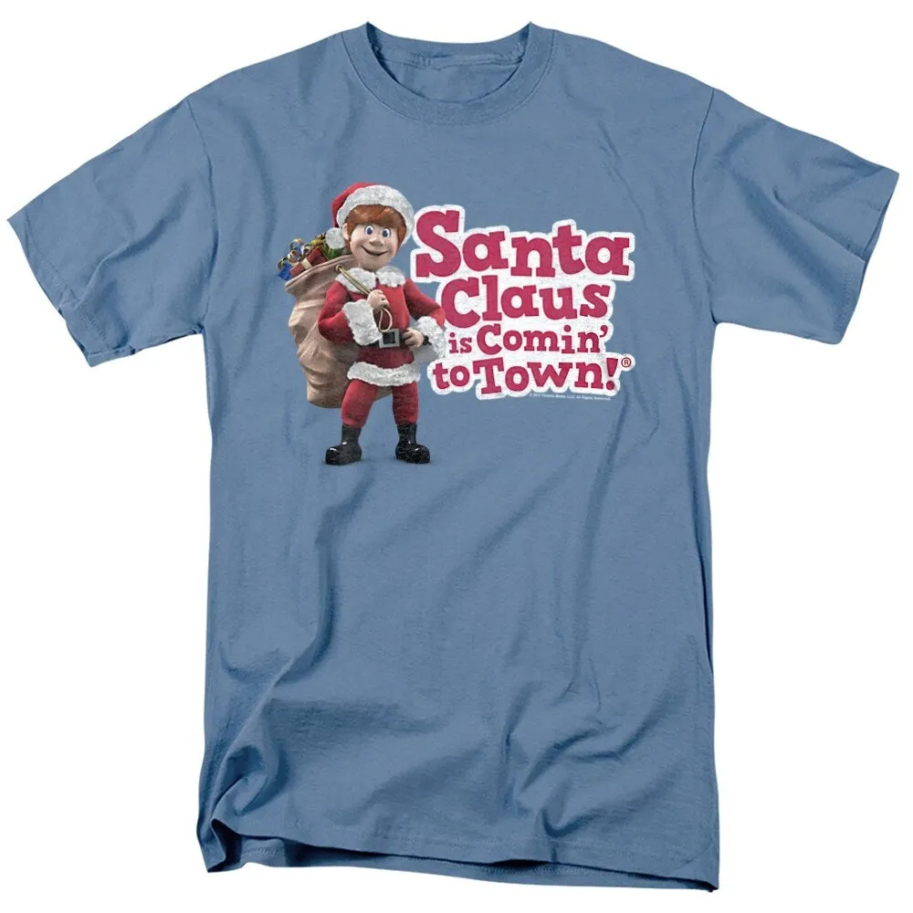 Santa Claus Is Comin To Town Santa Logo Adult Unisex T-Shirt, Carolina Blue sold by Zulily