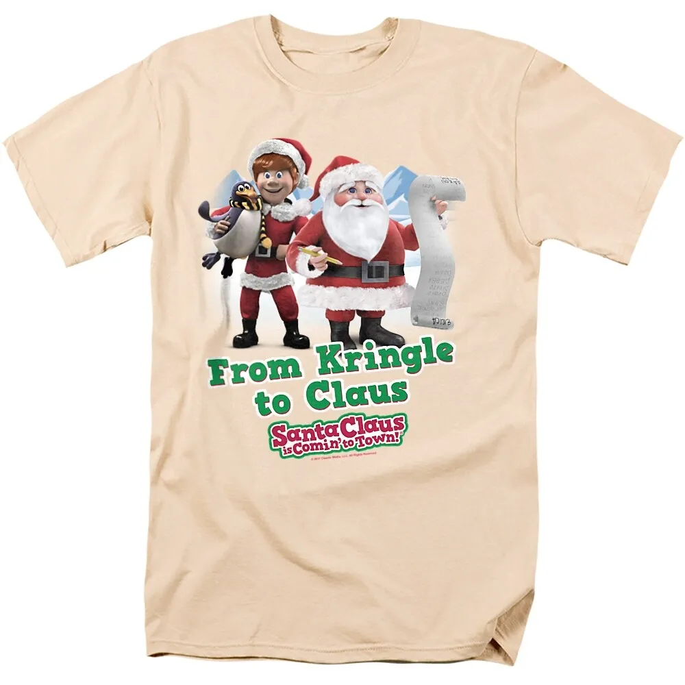 Santa Claus Is Comin To Town Kringle To Claus Adult Unisex T-Shirt, Cream sold by Zulily