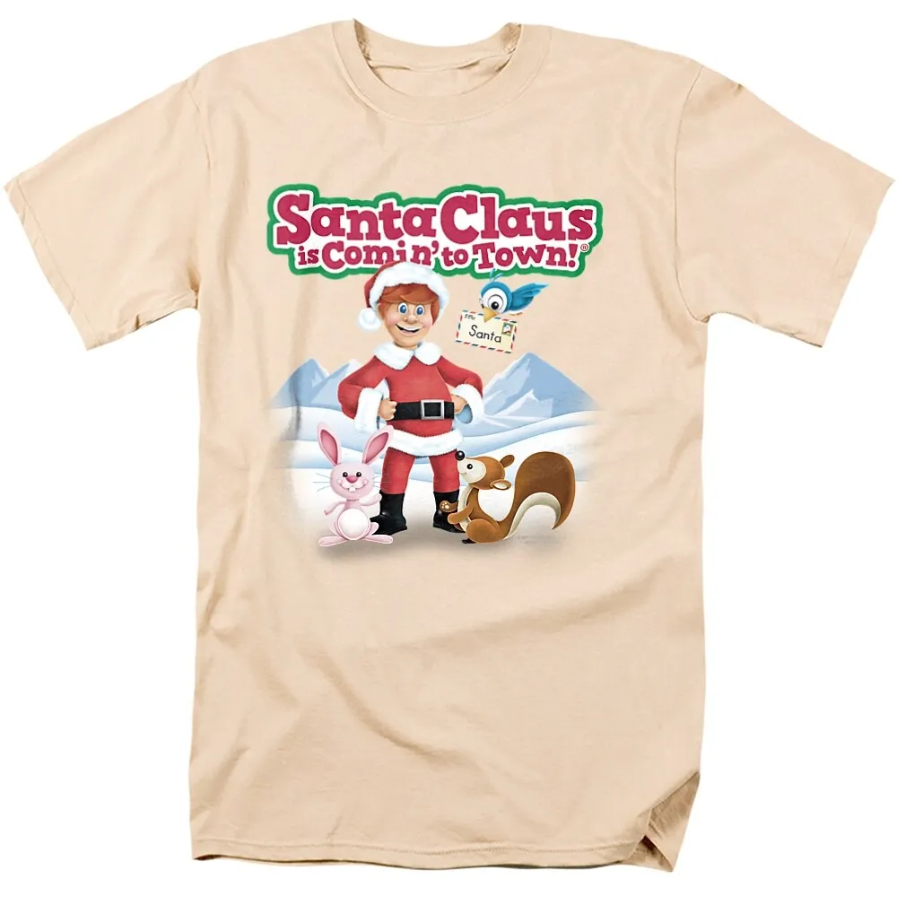 Santa Claus Is Comin To Town Animal Friends Adult Unisex T-Shirt, Cream sold by Zulily