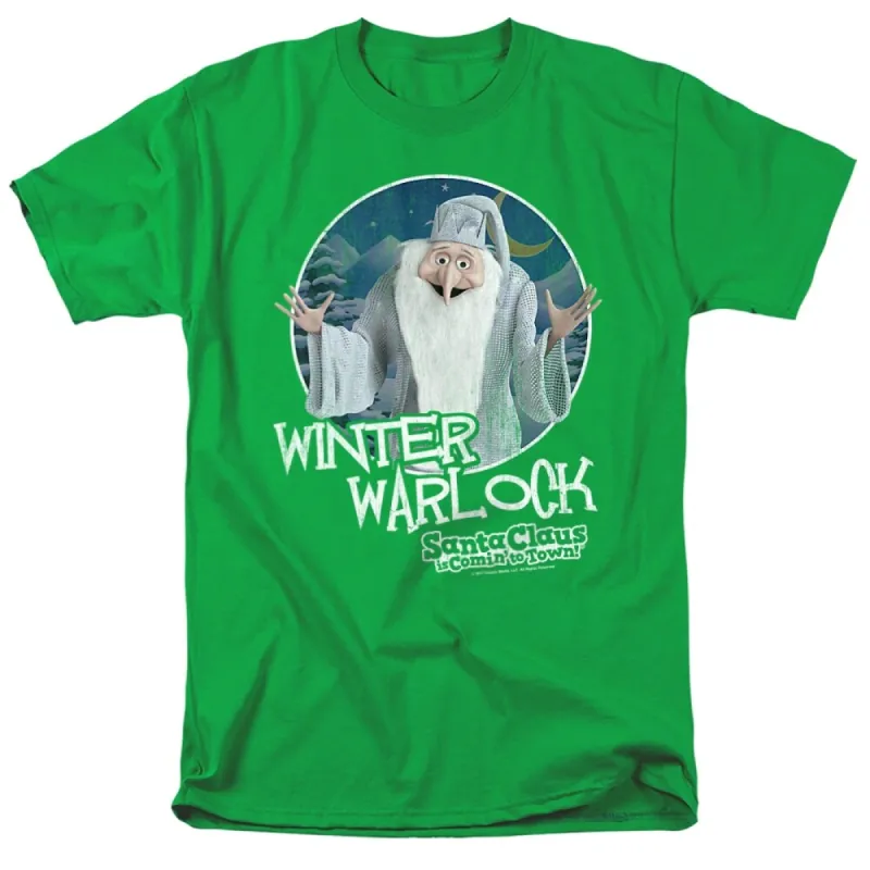 Santa Claus Is Comin To Town Winter Warlock Adult Unisex T-Shirt, Kelly Green sold by Zulily