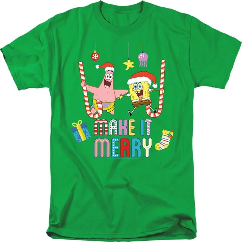 Spongebob Christmas, Make It Merry With Patrick Adult Unisex T-Shirt, Kelly Green sold by Zulily