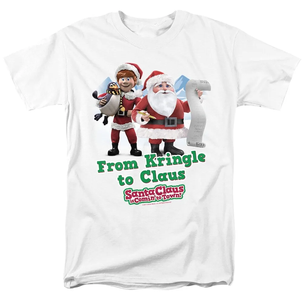Santa Claus Is Comin To Town Kringle To Claus Adult Unisex T-Shirt, White sold by Zulily