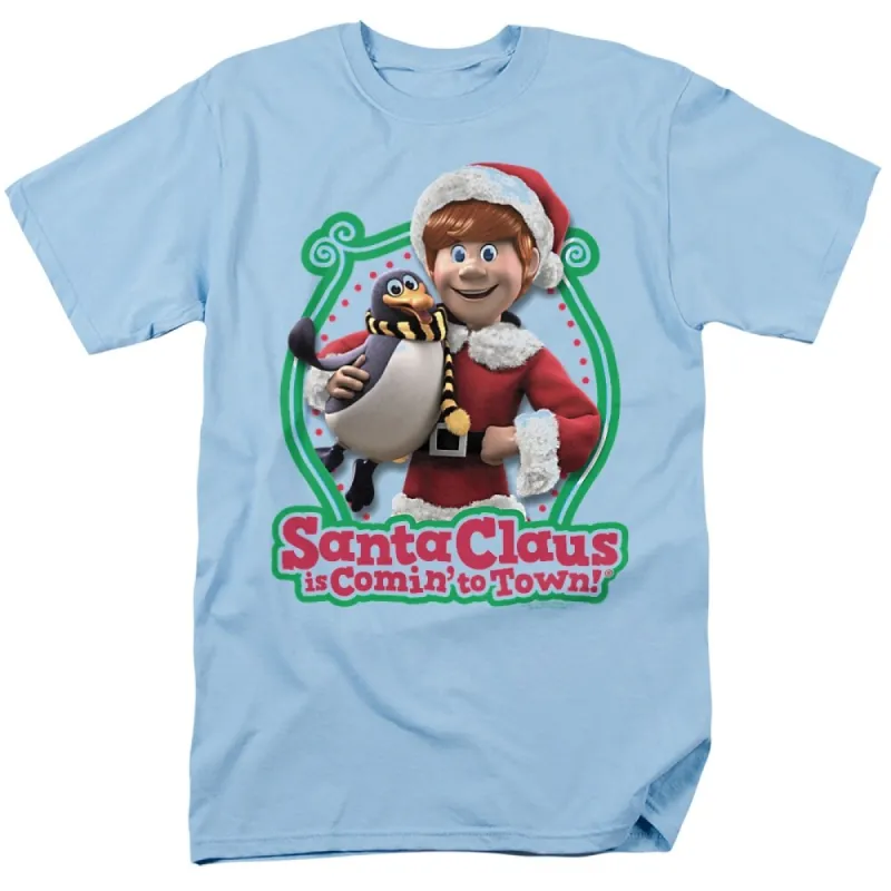Santa Claus Is Comin To Town Penguin Adult Unisex T-Shirt, Light Blue sold by Zulily