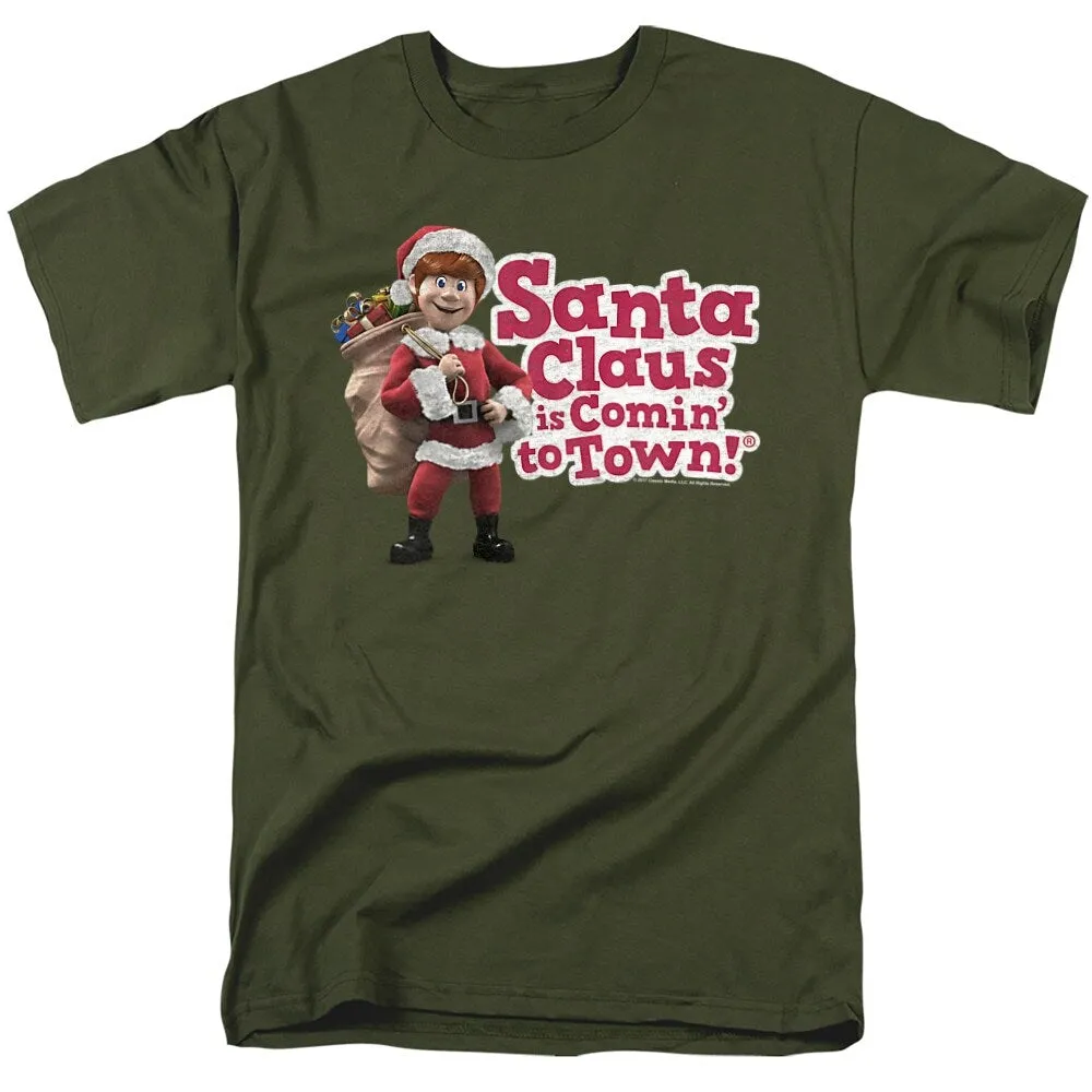 Santa Claus Is Comin To Town Santa Logo Adult Unisex T-Shirt, Military Green sold by Zulily