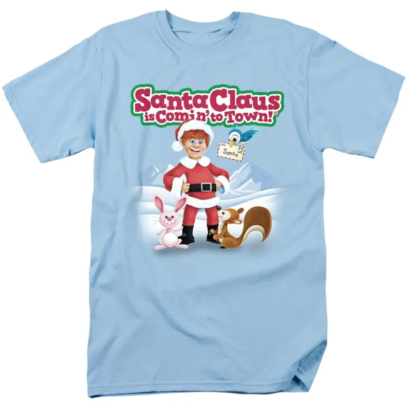 Santa Claus Is Comin To Town Animal Friends Adult Unisex T-Shirt, Light Blue sold by Zulily