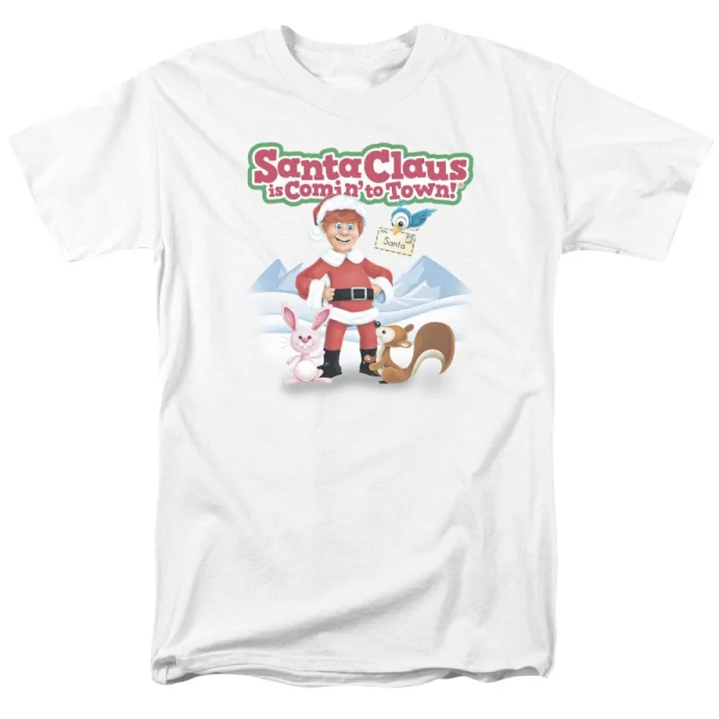 Santa Claus Is Comin To Town Animal Friends Adult Unisex T-Shirt, White sold by Zulily