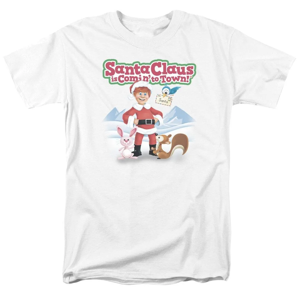 Santa Claus Is Comin To Town Animal Friends Adult Unisex T-Shirt, White sold by Zulily