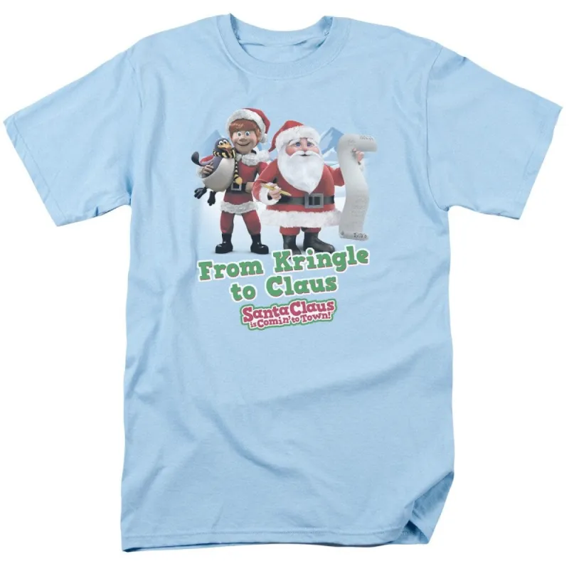 Santa Claus Is Comin To Town Kringle To Claus Adult Unisex T-Shirt, Light Blue sold by Zulily
