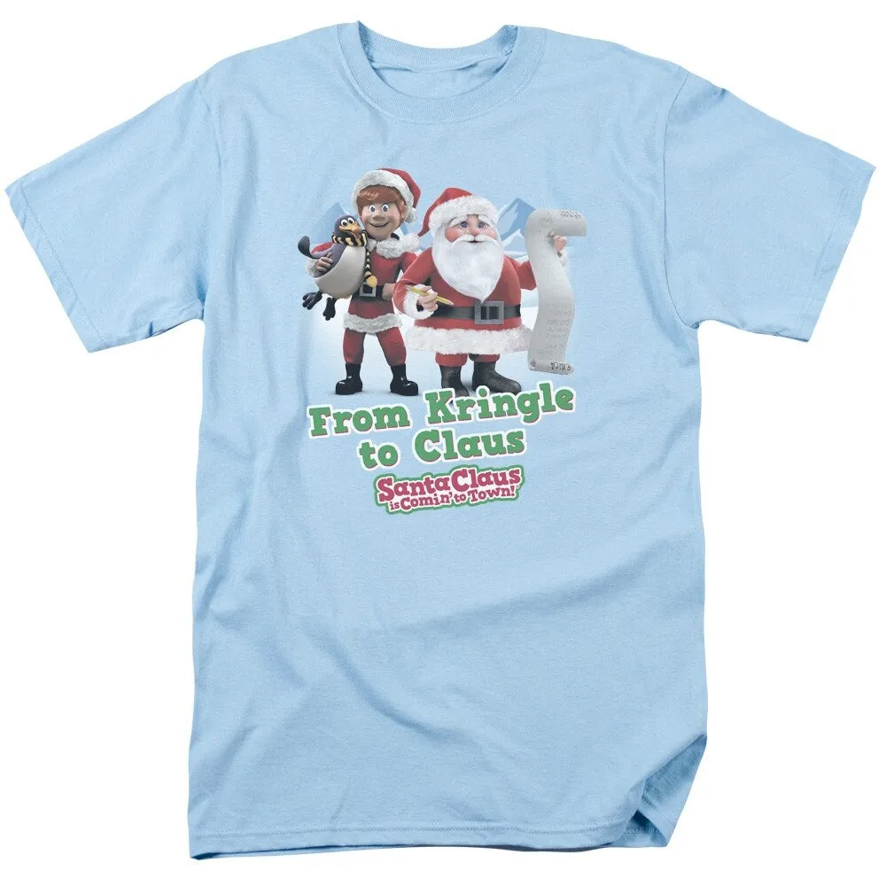 Santa Claus Is Comin To Town Kringle To Claus Adult Unisex T-Shirt, Light Blue sold by Zulily