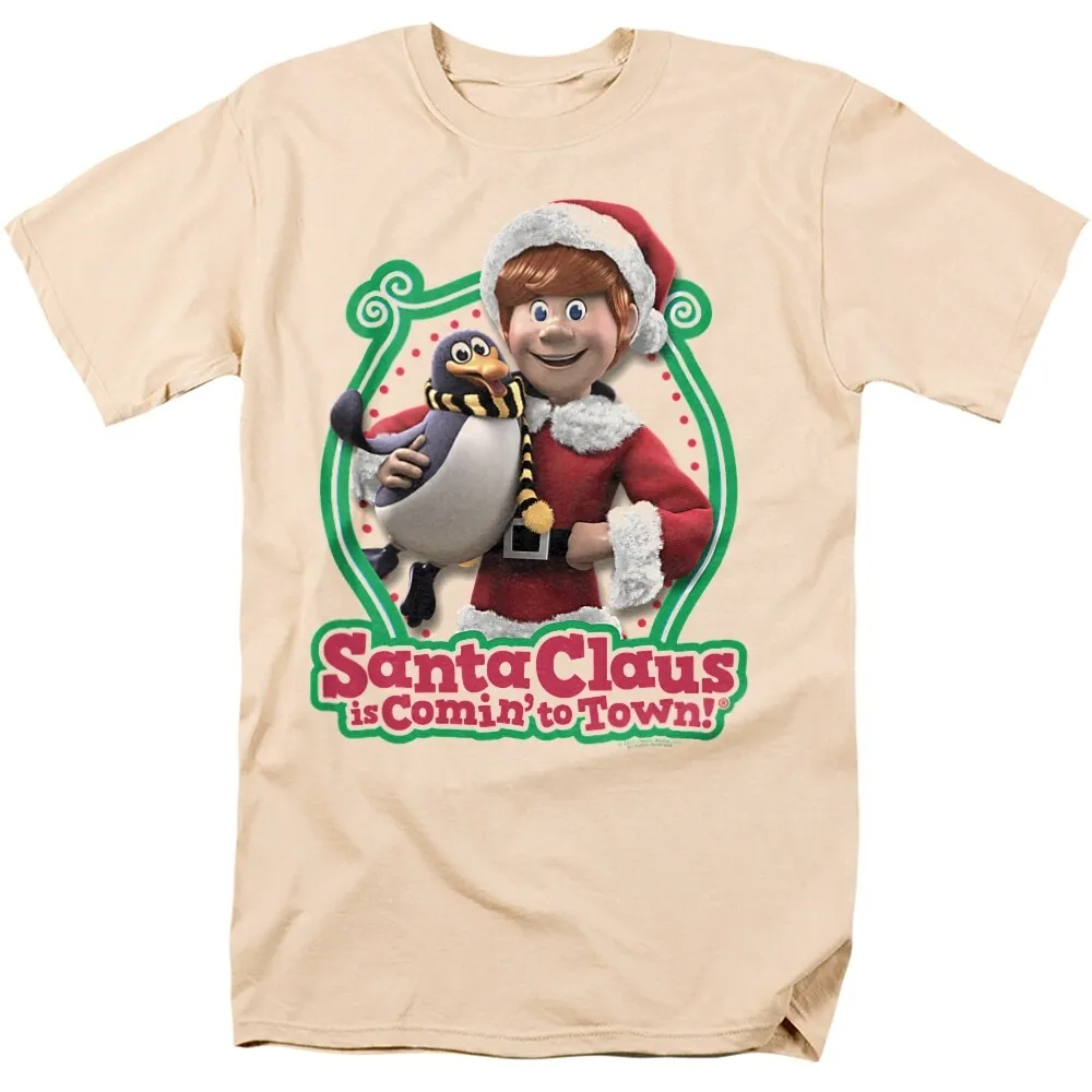 Santa Claus Is Comin To Town Penguin Adult Unisex T-Shirt, Cream sold by Zulily