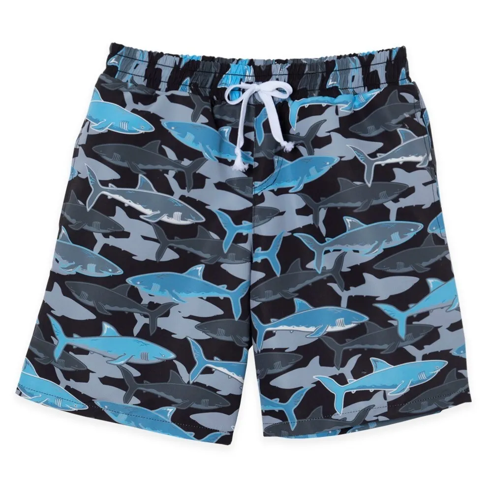 Grey & Blue Shark Print Swim Trunks sold by Zulily