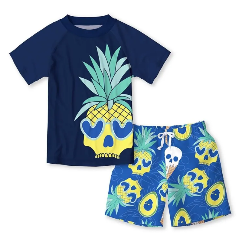 Navy & Yellow Pineapple Skull Print Short Sleeve Rashguard Set sold by Zulily