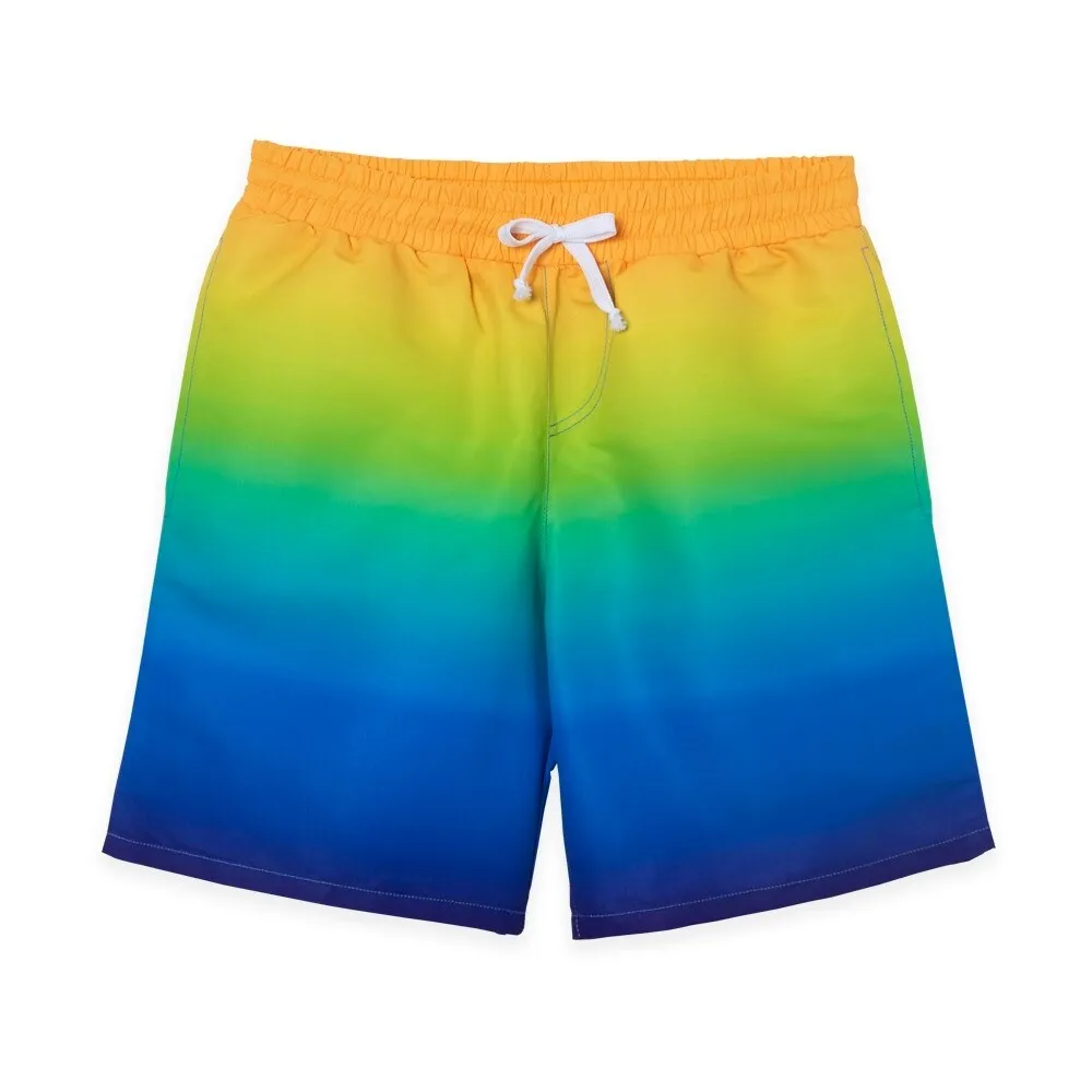 Yellow Green & Blue Ombre Print Swim Trunks sold by Zulily