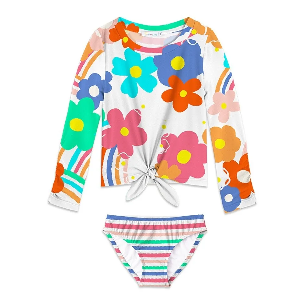 White & Multi Color Floral & Stripe Print Rashguard Set sold by Zulily