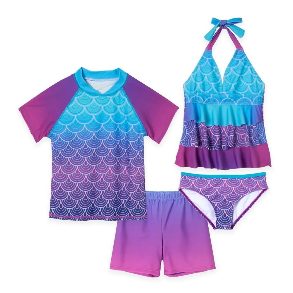 Purple & Blue Mermaid Scales Ombre Print Rashguard Set & Ruffle Halter Tankini sold by Zulily