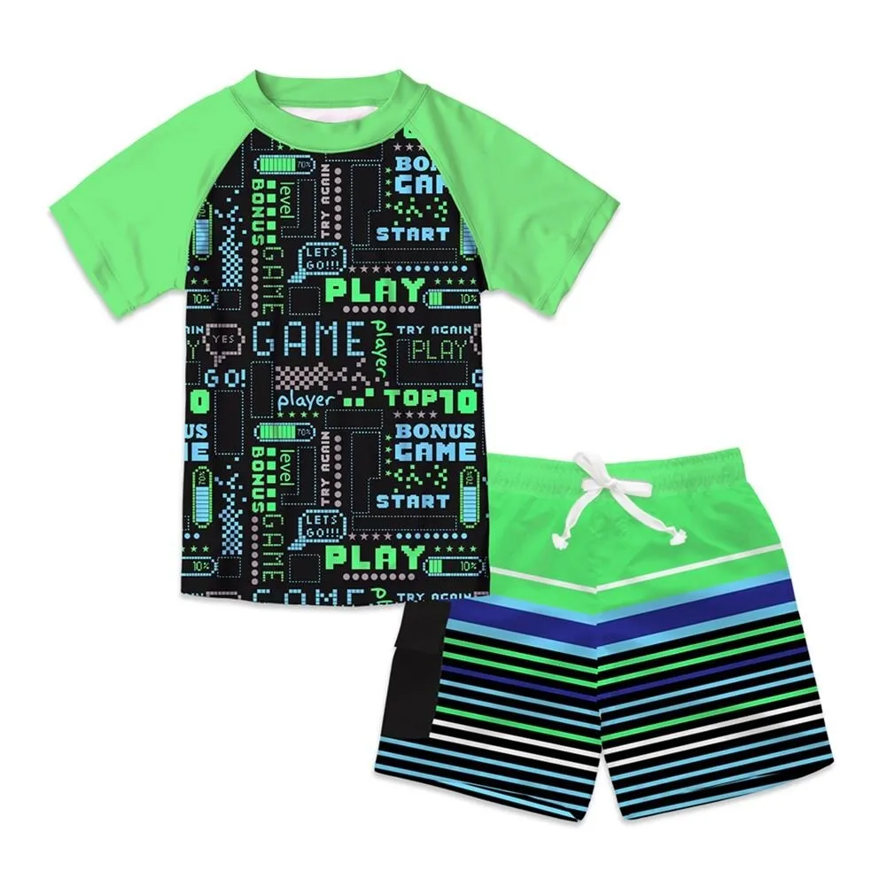 Black & Green "Play Game" & Stripe Print Short Sleeve Rashguard Set sold by Zulily