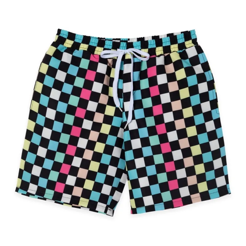 Black & Multi Color Checkerboard Print Swim Trunks sold by Zulily