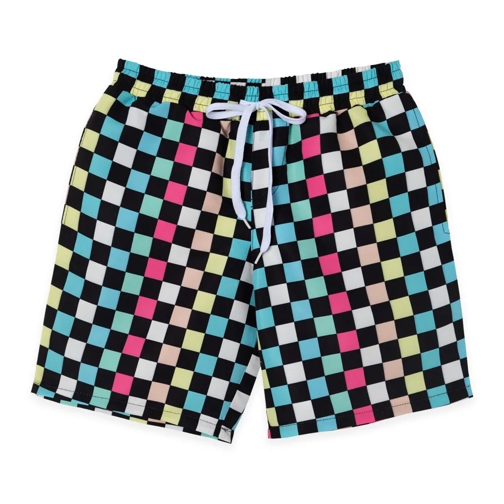 Black & Multi Color Checkerboard Print Swim Trunks sold by Zulily