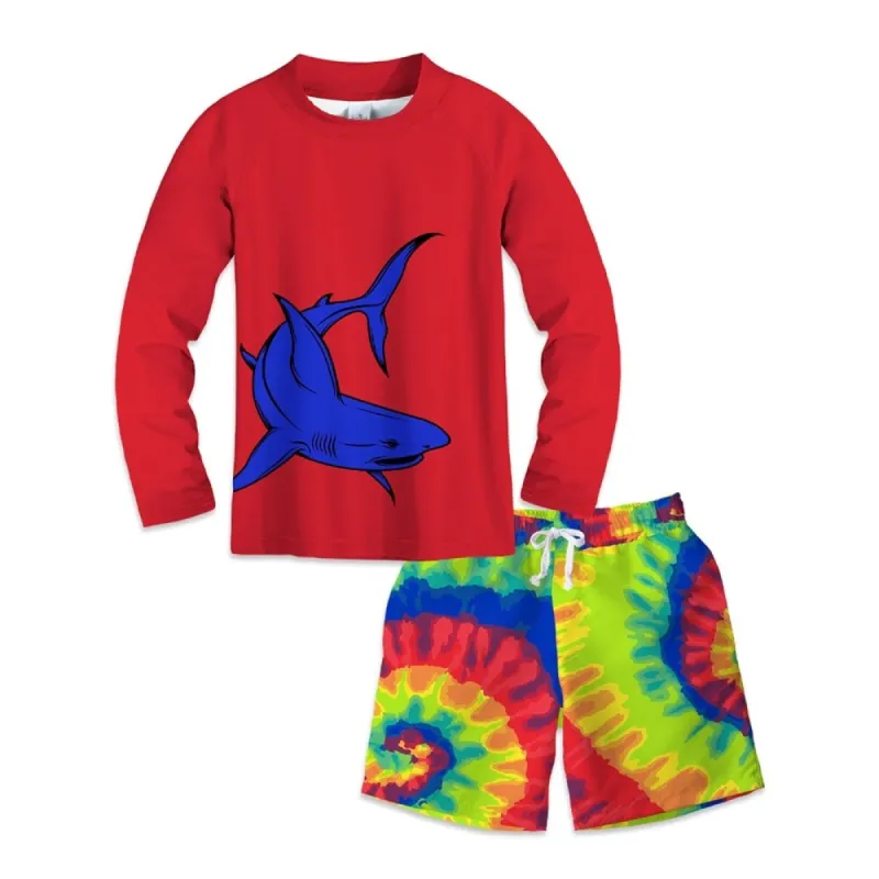 Red & Blue Shark & Tie-Dye Print Long Sleeve Rashguard Set sold by Zulily