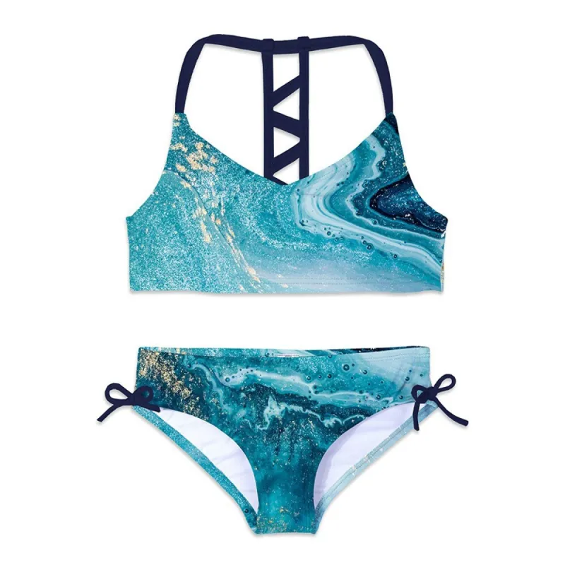 Turquoise Abstract Marble Print Bow-Accent Bikini sold by Zulily