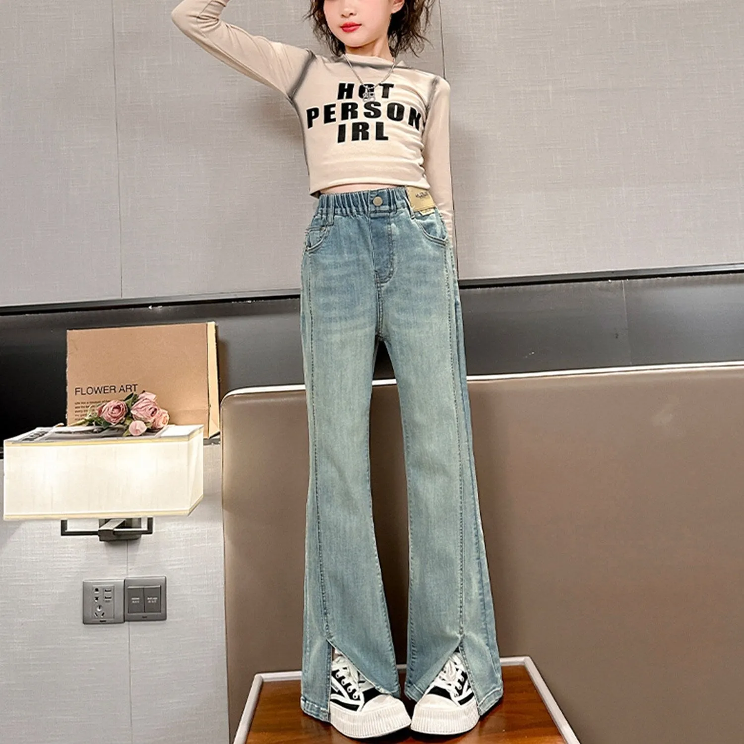 Light Blue Denim Slit Flared Pants sold by Zulily product image thumbnail 2