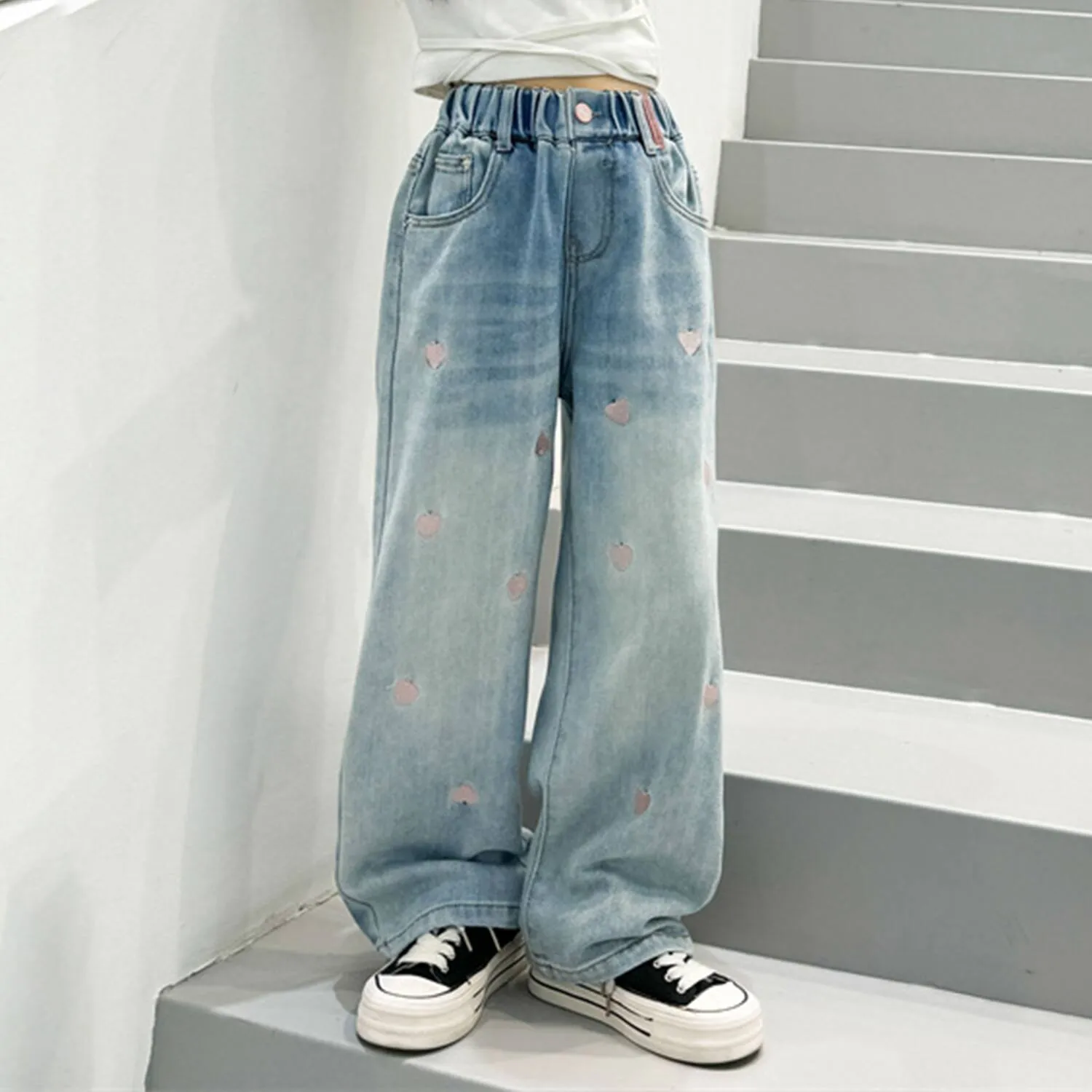 Light Blue Heart Embroidered Denim Wide Leg Pants sold by Zulily product image thumbnail 3