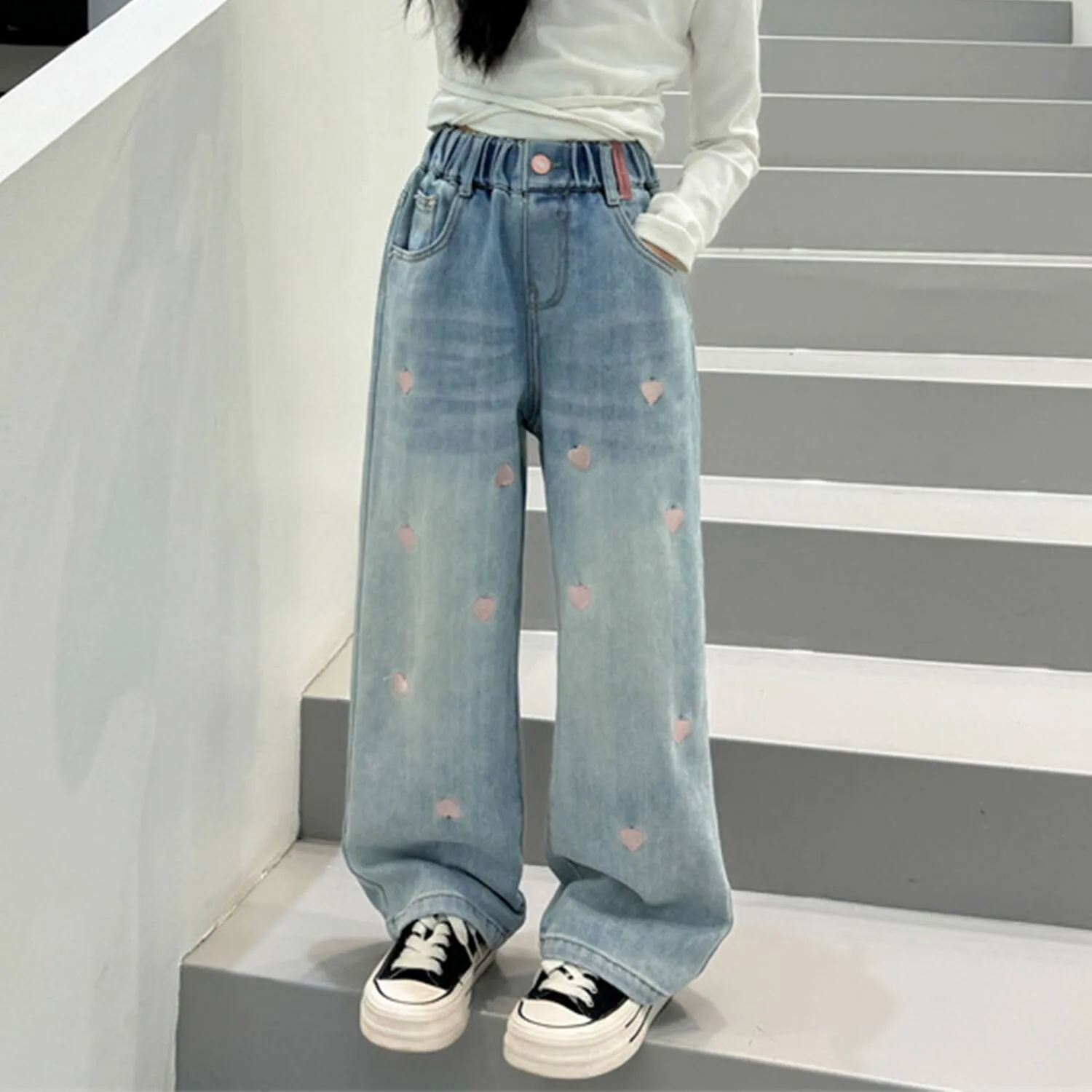 Light Blue Heart Embroidered Denim Wide Leg Pants sold by Zulily product image thumbnail 4