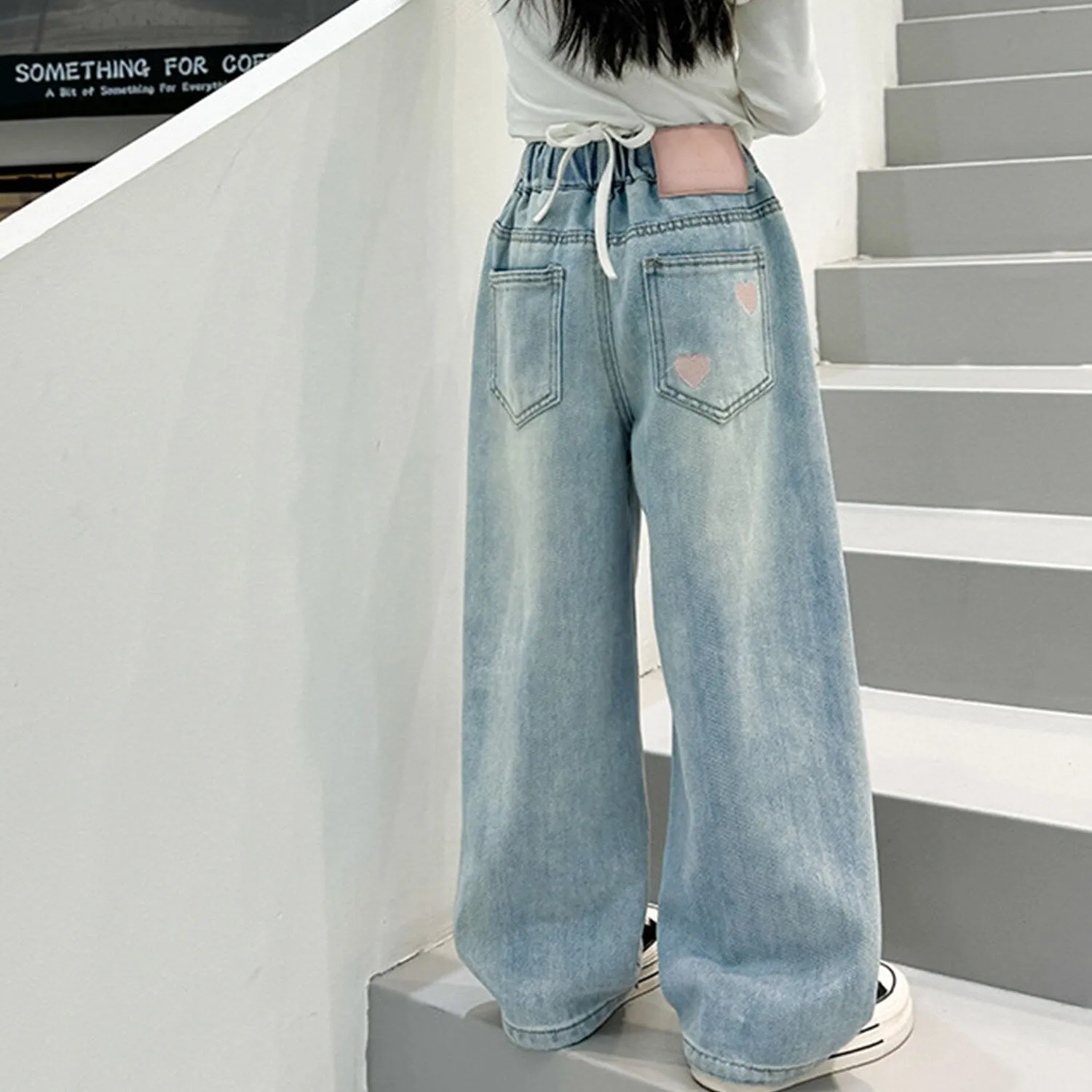 Light Blue Heart Embroidered Denim Wide Leg Pants sold by Zulily product image thumbnail 2