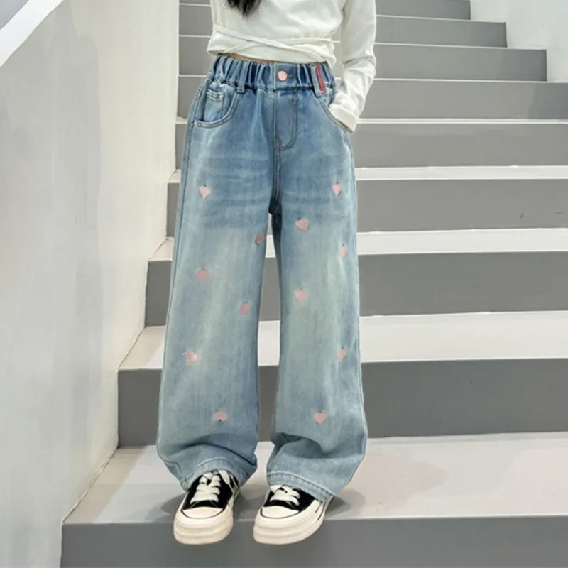 Light Blue Heart Embroidered Denim Wide Leg Pants sold by Zulily