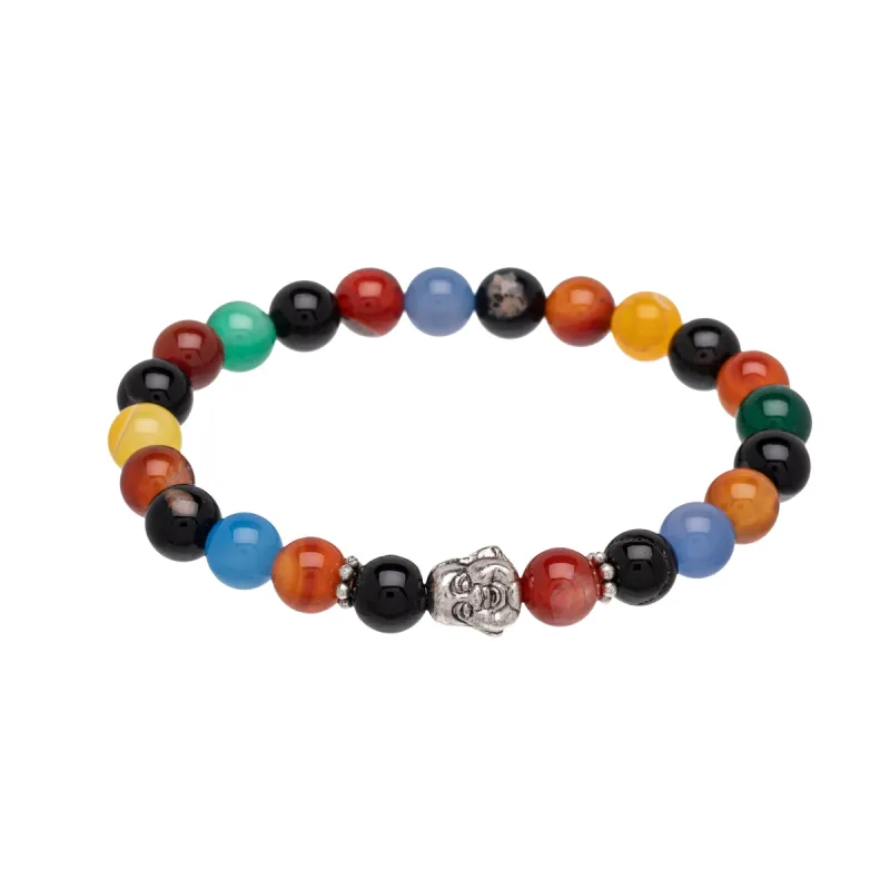 Agate Silvertone Multicolor Bead Buddha Stretch Bracelet - Black sold by Zulily