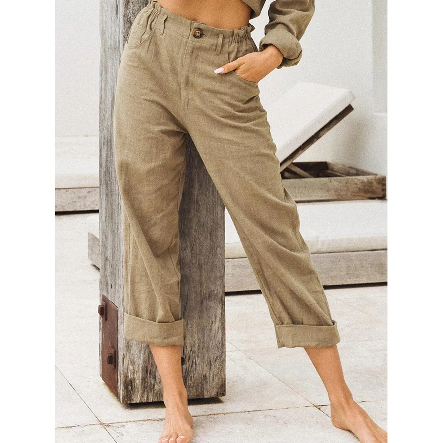 Khaki High Waist Casual Pants sold by Zulily