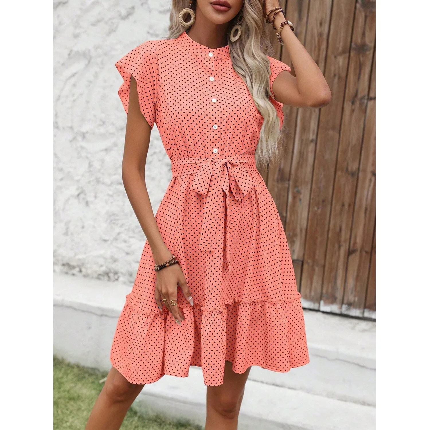 Watermelon Pink Polka Dot Ruffle Sleeve Dress sold by Zulily product image thumbnail 2