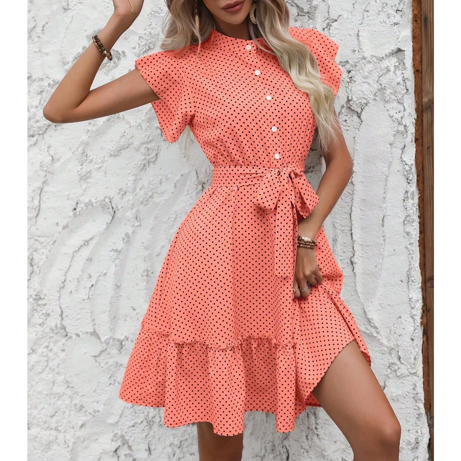 Watermelon Pink Polka Dot Ruffle Sleeve Dress sold by Zulily product image thumbnail 4