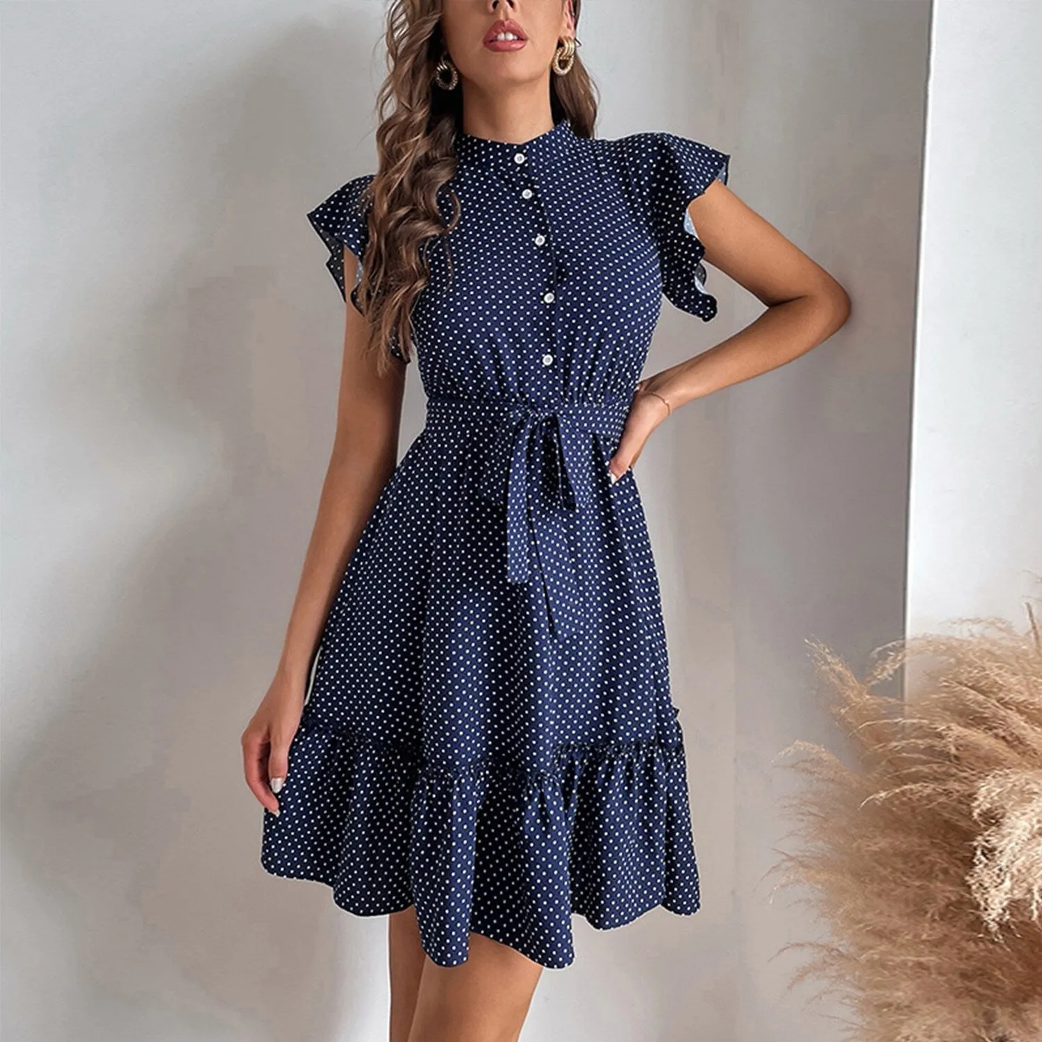 Navy Polka Dot Ruffle Sleeve Dress sold by Zulily product image thumbnail 2